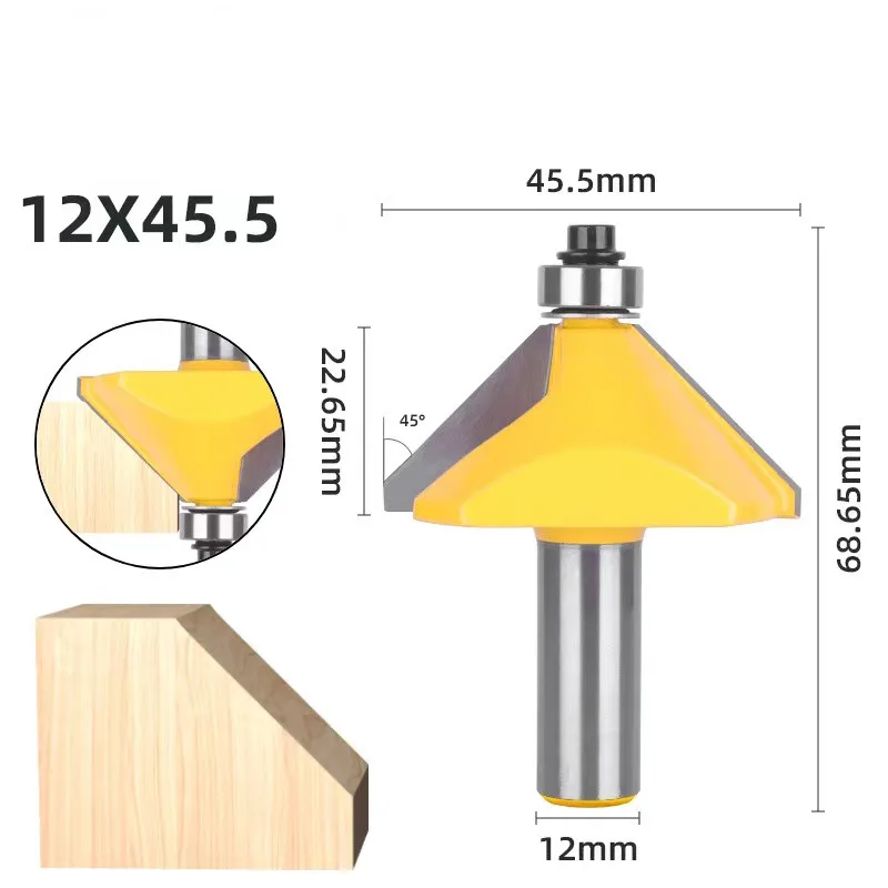 1pc 8/12mm 1/2 Shank 45 Degree Chamfer Bevel Edging Router Bit Dia44.5mm Carbide Tipped Milling Cutter Woodworking Cutting Tools