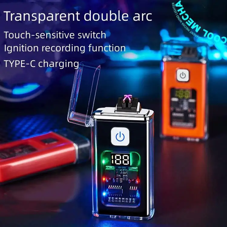 Transparent shell waterproof and windproof outdoor double arc lighter digital power display USB electronic cigarette lighter