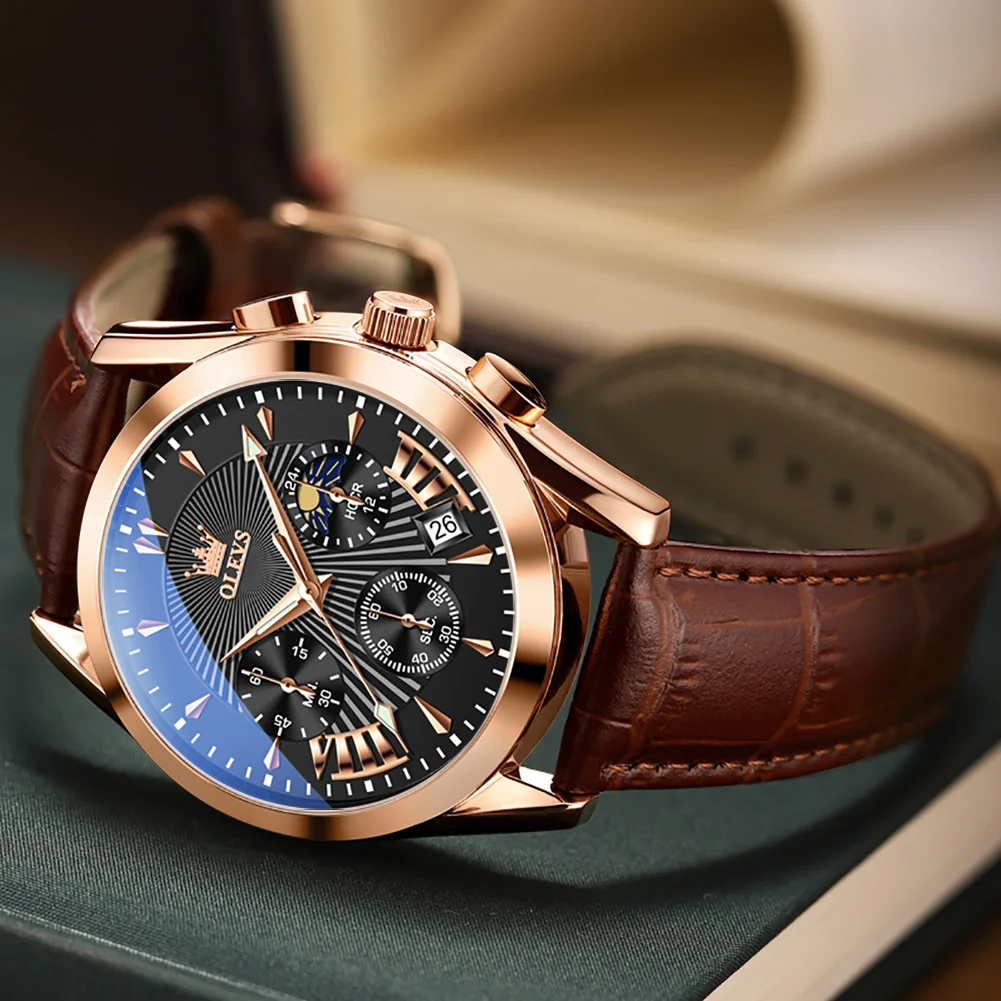 OLEVS Luxury Leather Brown Chronograph Watches for Men Quartz Wholesale Supplier Brand Wristwatches