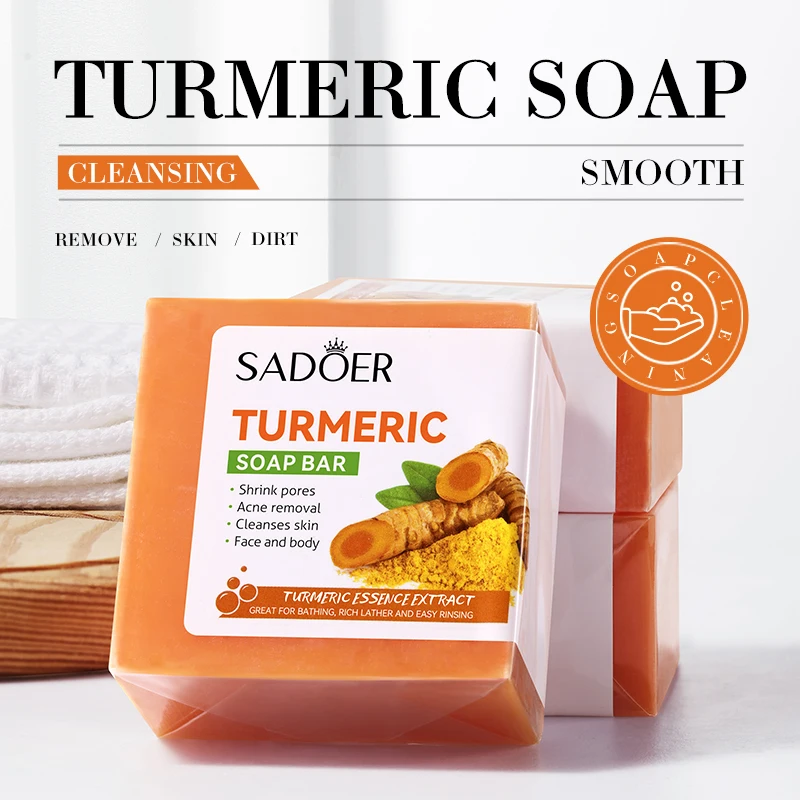 OEM SADOER Factory Price Organic Vegan Face Body Bar Soap Cleansing Remove Dark Spot Removal Turmeric Scrub Handmade Soap