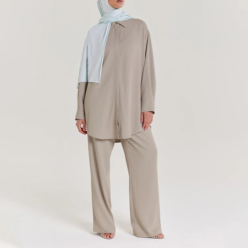Long Sleeve Modest Set Placket Pants and Shirt Two Piece Women Muslim Dress Loose Two Piece Islamic Clothing