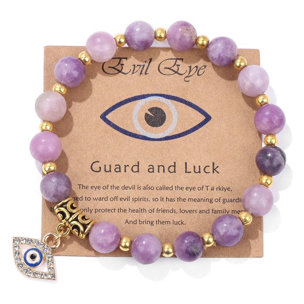 8mm Semi-Precious Gemstone Bracelet with Evil Eye Charm Healing Crystal Stone Stretch Bracelets for Men Women