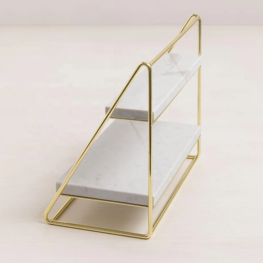 multipurpose 2 Tier Marble shelf display table with Gold Metal for cosmetic display catering hotel restaurant display stand