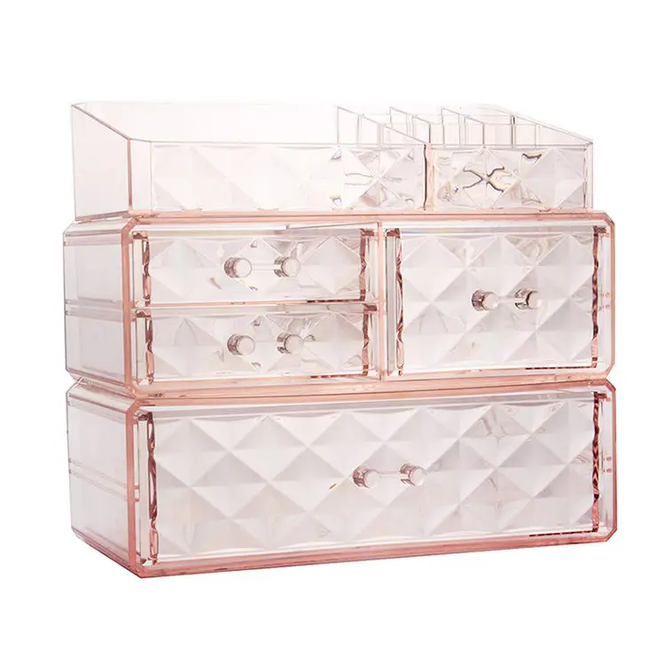 Choice Fun Wholesale Pink Diamond Pattern Clear Makeup Organizer Storage Box Cosmetic Storage Box