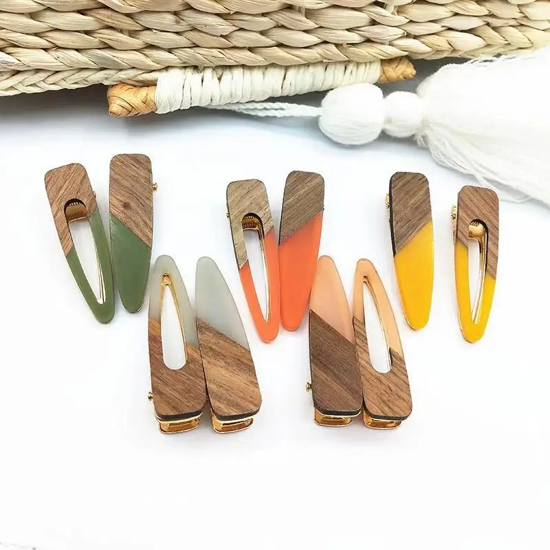Korean Fashion Retro Real Wood Jelly Color Water Drop Barrette Resin Hair Clips For Women