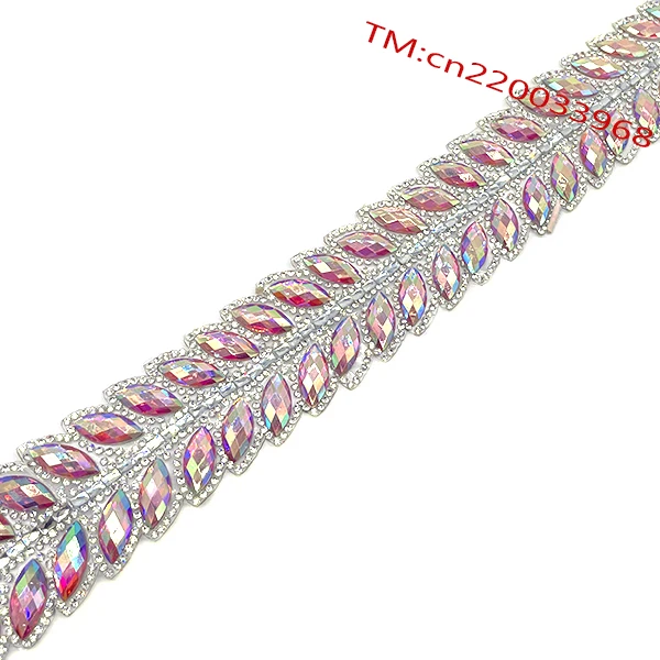 Horse eye Leaf shape Iron on yellow AB gems alternates gold base Hot fix rhinestone chain trimming for Carnival dress decoration