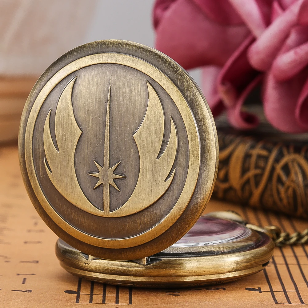 Vintage Chain Pendant Clock Bronze Relogio de bolso Jedi Order Theme Quartz Necklace Pocket Watch For Men Gift