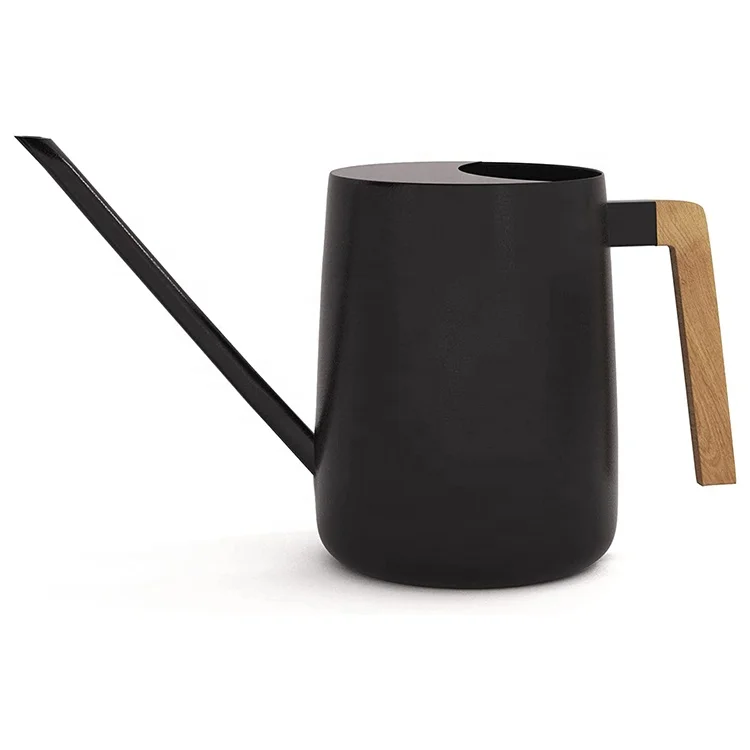 35oz Watering Can for Indoor Plants Matte Black Powder Coated Watering Can with A Natural Wood Handle and Long Spout