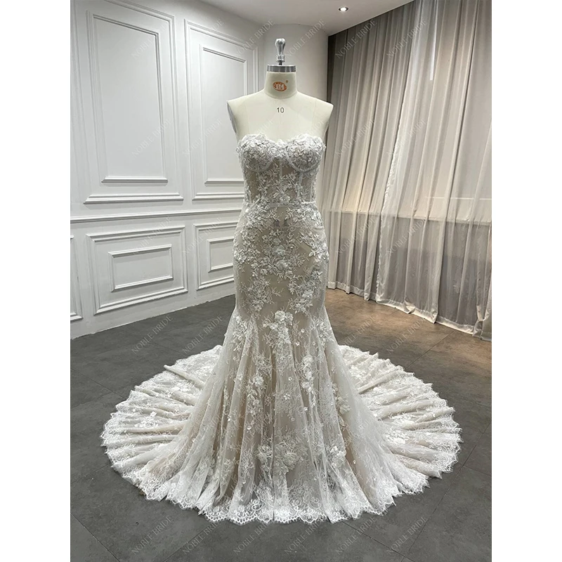 Hailey Style Chantilly Lace 3D Beaded Lace Sweetheart Long Off Shoulder Champagne Sexy Sheer Mermaid Wedding Dresses Bridal Gown