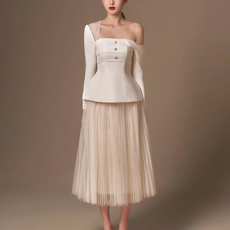2024 Autumn New OL Professional Premium Mesh Splicing Single Shoulder Long Sleeve Mesh Half Skirt Set