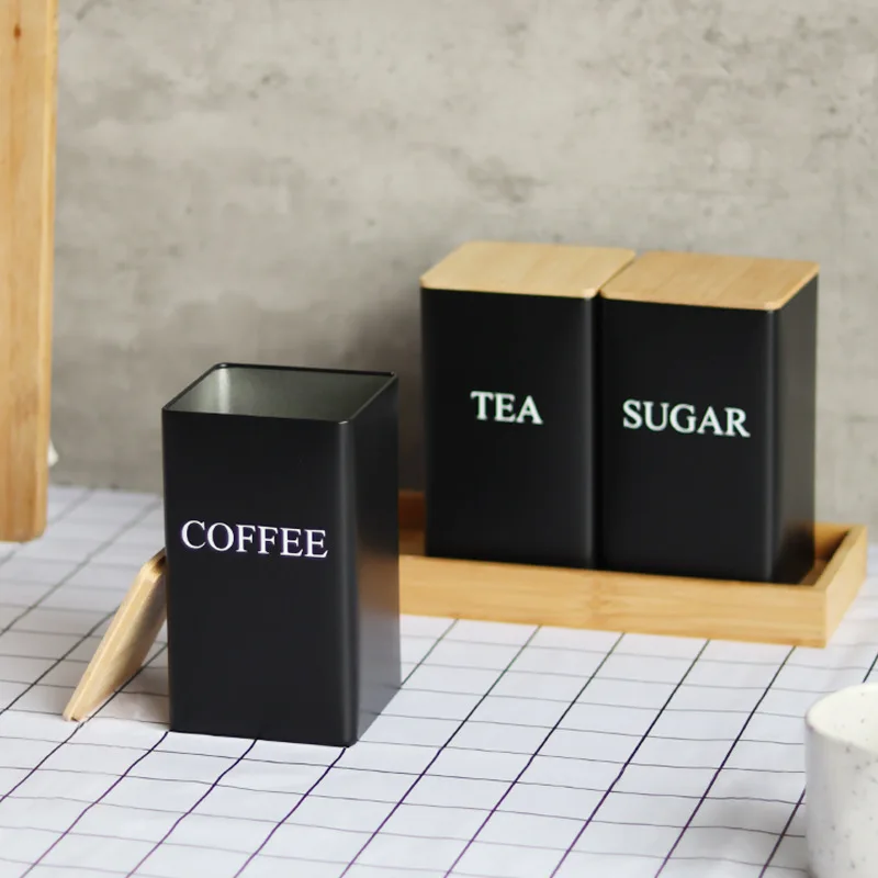 Hot Sale Minimalist Metal Tea Coffee And Sugar Canister Jar Set Wooden Storage Box White Black Can With Bamboo Lid For Kitchen