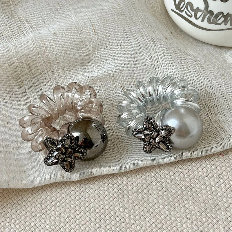 Genya New Design Pearl Beads Plastic Telephone Wire Hair Ties High Elastic Rubber Hair Band for Women Girls elastic hair bands