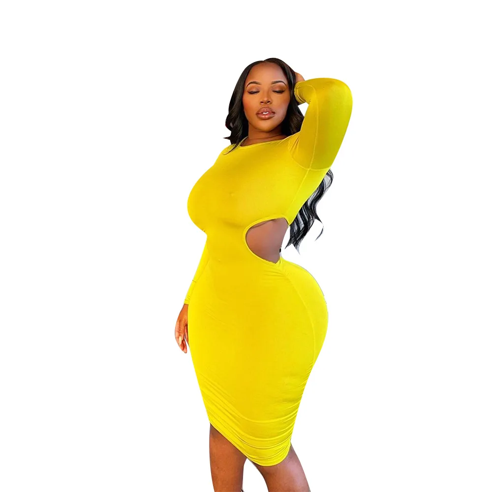 Женская одежда больших размеров в европейском и американском стиле, однотонное желтое платье с длинным рукавом и круглым вырезом, одежда больших размеров, платье миди