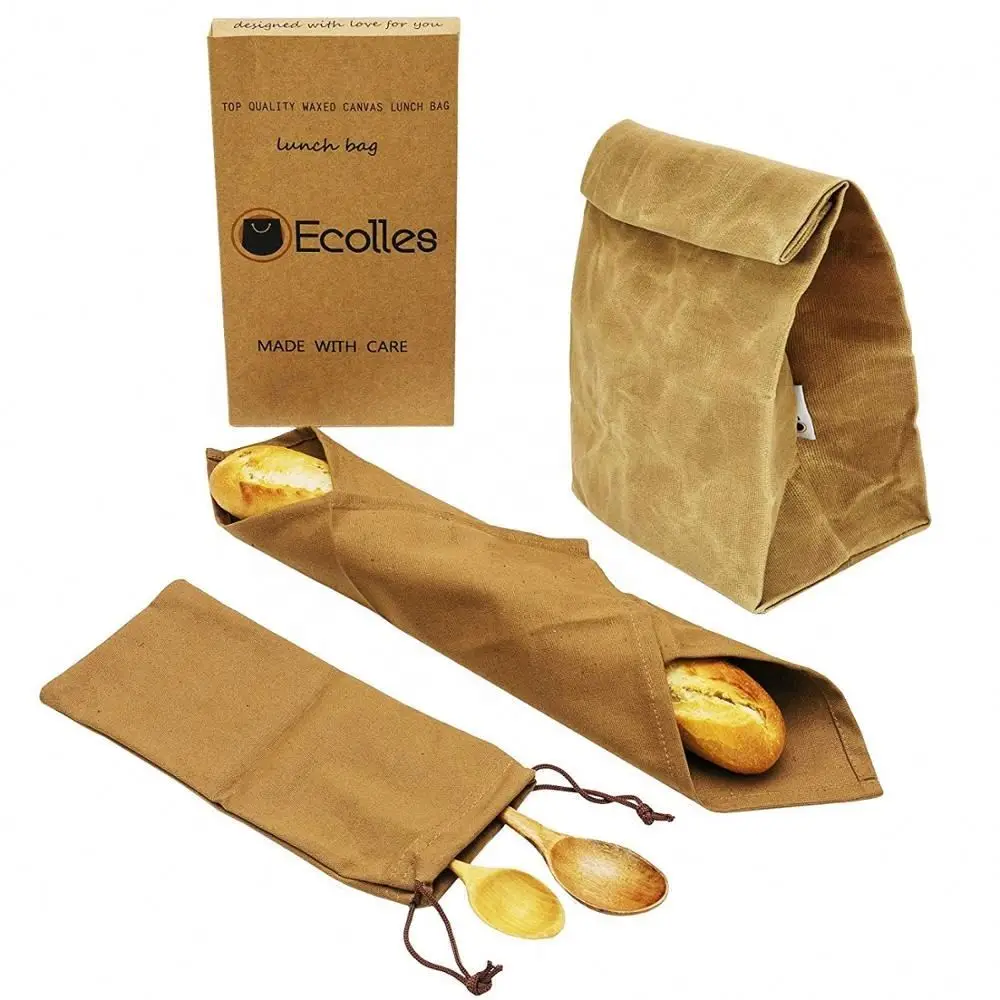 Waxed Canvas Lunch Bag Retro Snack Pouch Tote Bag Reusable Napkin Cutlery Storage Lightweight Spacious Food Sack