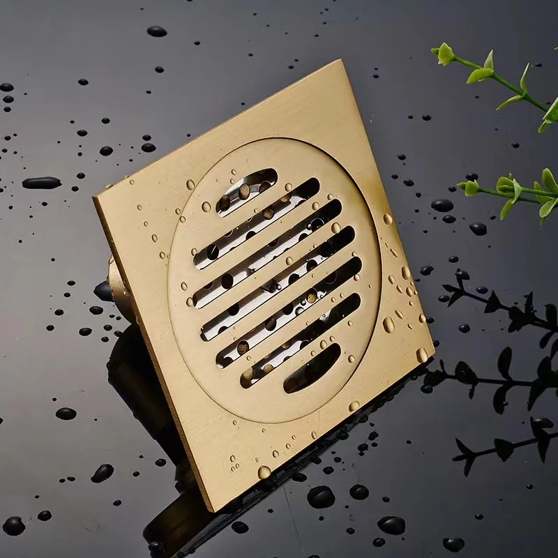 Modern Brushed Gold Balcony 4-inch Square Odor-proof Floor Drain Factory Price Brass Floor Drain Drains
