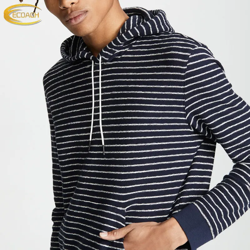 custom Spring Wholesale Custom Logo Long Sleeve Pullover Deep Blue and White Striped Hoodies for Men