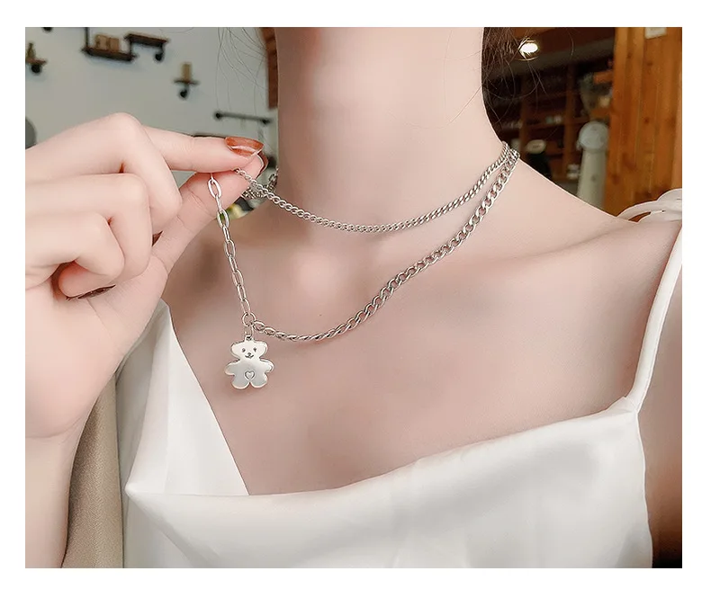 Wholesale Unique Design Fashion Silver Tone Jewelry Sterling Silver Two Layers S925 925 Sterling Silver Bear Pendant Necklace