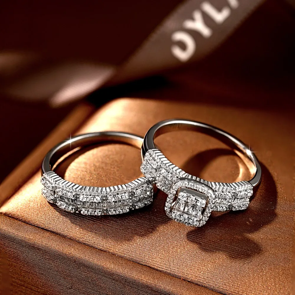 Dylam Sterling Silver Luxury Bling Eternity Diamond Engagement Wedding Baguette Ring Set Couple Jewelry For Women
