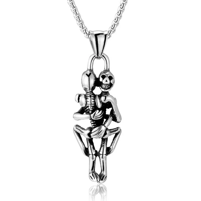 Stainless Steel Love Till Death Necklace Hugging Skull Skeleton Gothic Pendant Punk Statement Jewelry for Eternal Lovers