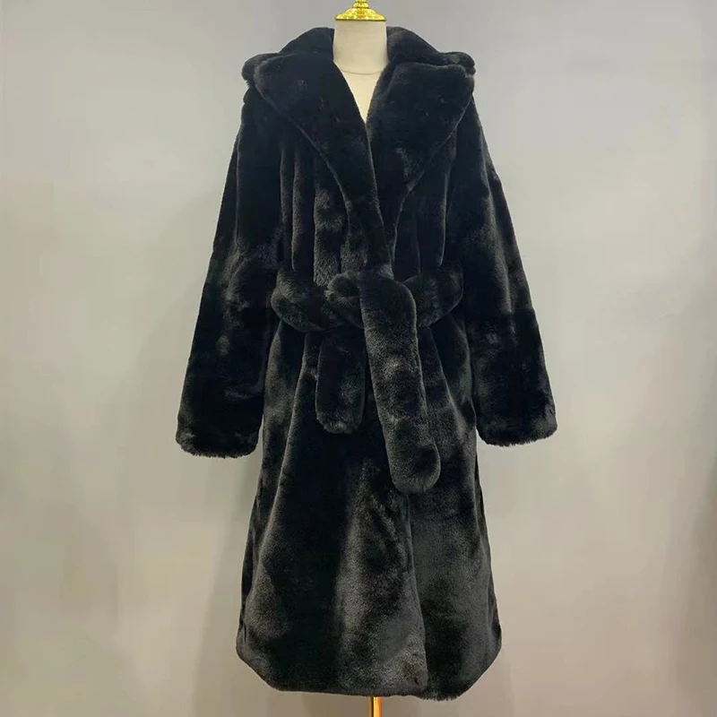 Wholesales Ladies Fashion Recoverable Fake Rabbit Fur Jacket Environmental Long Black Faux Fur Coat