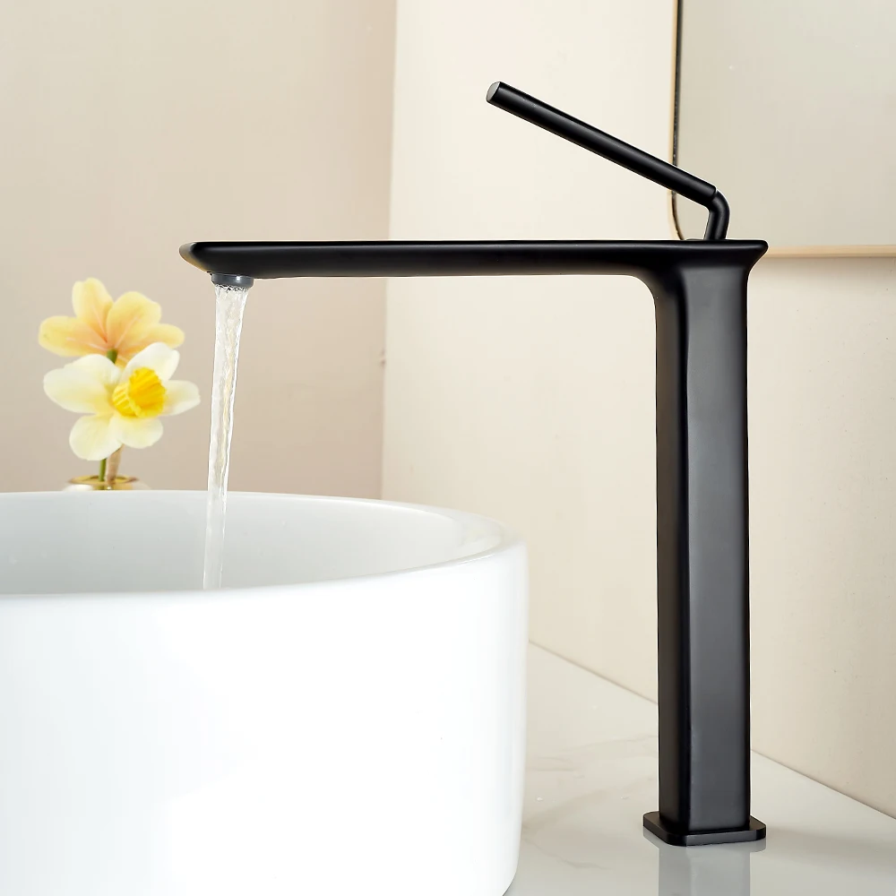 Black Single Handle Deck Mounted Tall Brass Sink Mixer Round Hot And Cold Waterfall Bathroom Modern Wash Basin Faucet Tap