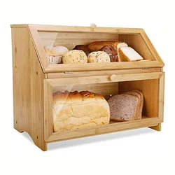 Modern Kitchen Bamboo Food Bread Bin Loaf Toast Storage Box 2 Layer Luxury Large Capacity Countertop with Acrylic Lid