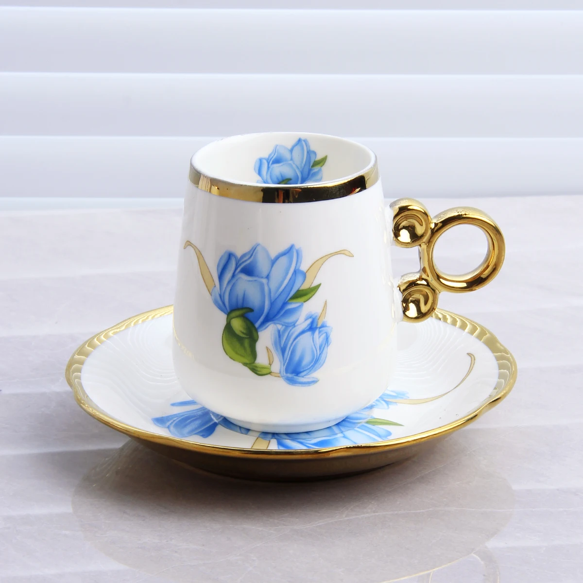 6 Cups Saucers Set European Afternoon Tea Cup Gold Circle Handmade Ceramic Coffee and Saucer