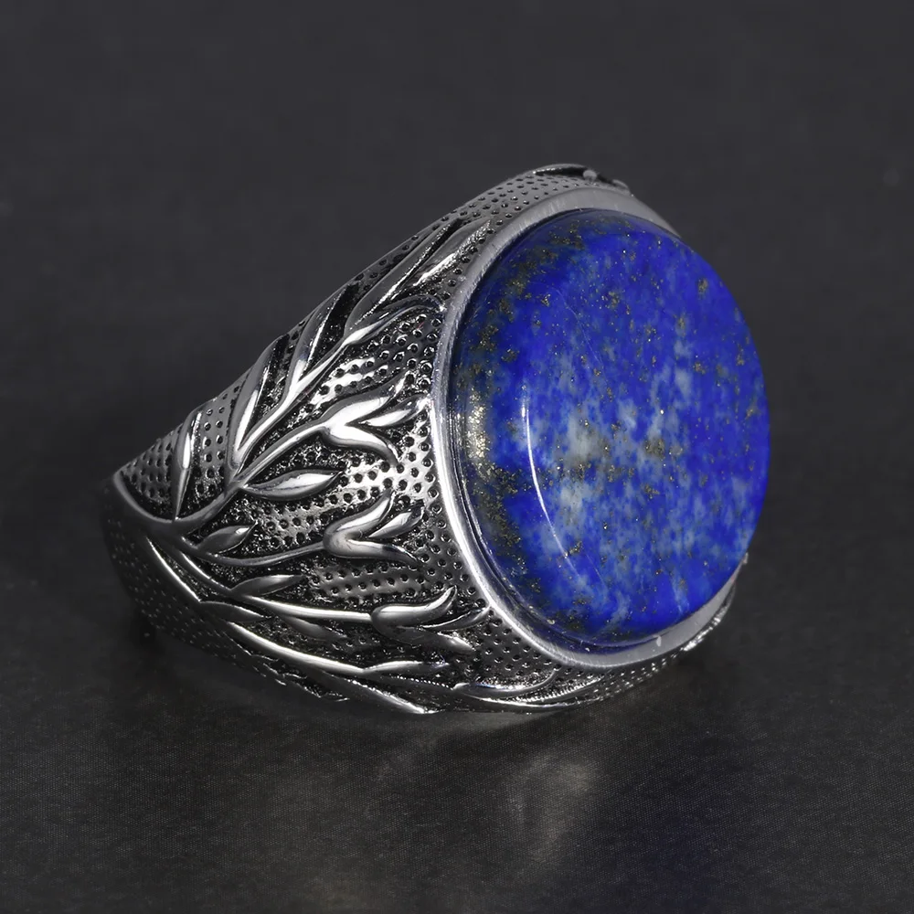 Genuine Solid 925 Sterling Silver Turkish Men Rings Natural Lapis Lazuli Tree Branches Engraved Turkish Finger Rings Man Ring