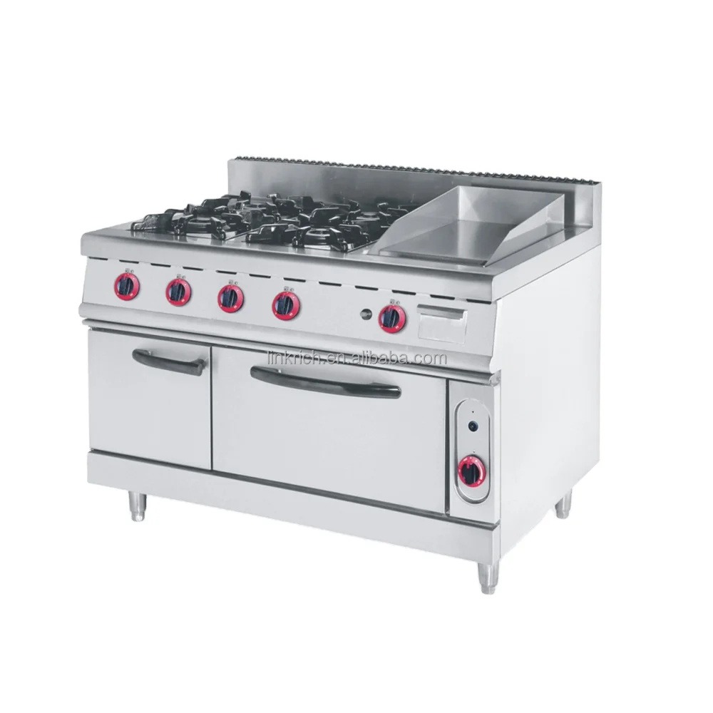 CE Approved Commercial Gas Ran Stainless Steel 4 Burner Griddle Electric Oven Free-Standing Household Outdoor Use Includes Grill