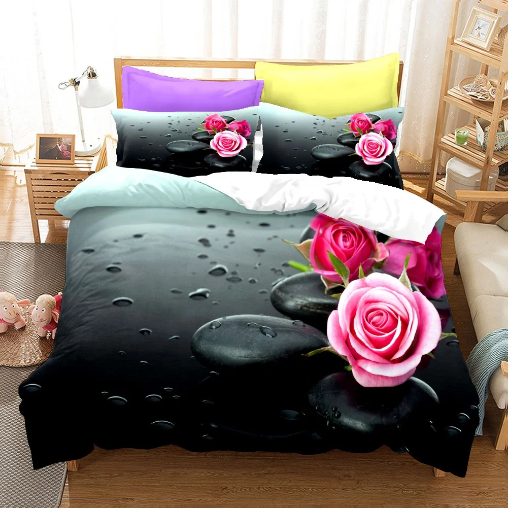 3D Digital Duvet Cover Flower Red Rose Luxury Bedding Sets Collections 100% Microfiber Printed Bed Sheets With Pillow Covers