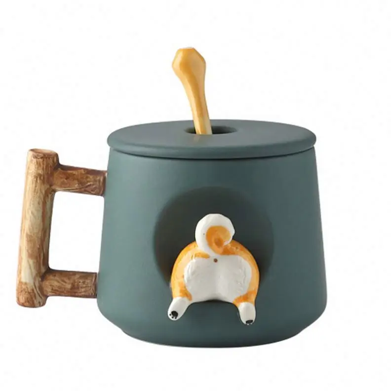 High Quality Custom 420ml Cute Cartoon Office Ceramic Coffee Shiba Inu Mug With Lid And Spoon Gift