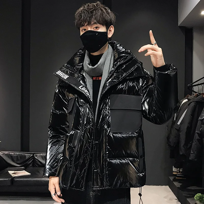 
OEM Custom Padded Bubble Coat Puffer Duck Down Jacket Hooded Shiny Mens Winter Jacket 