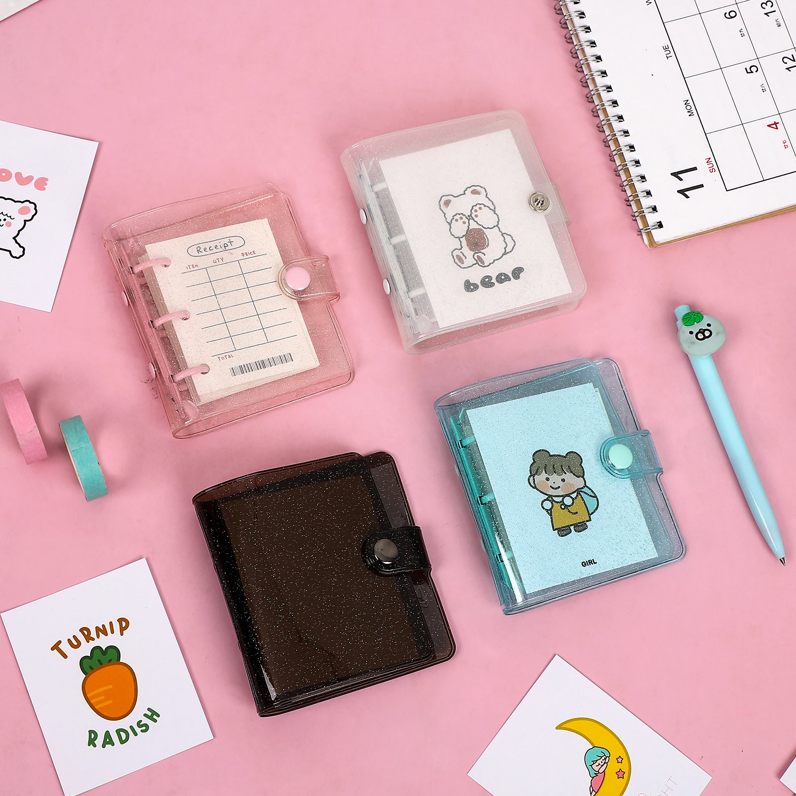 LABON Creative Cute 3 Rings Mini Loose-leaf Binder Student Portable Pocket Notebook Journal Postcard Storage School