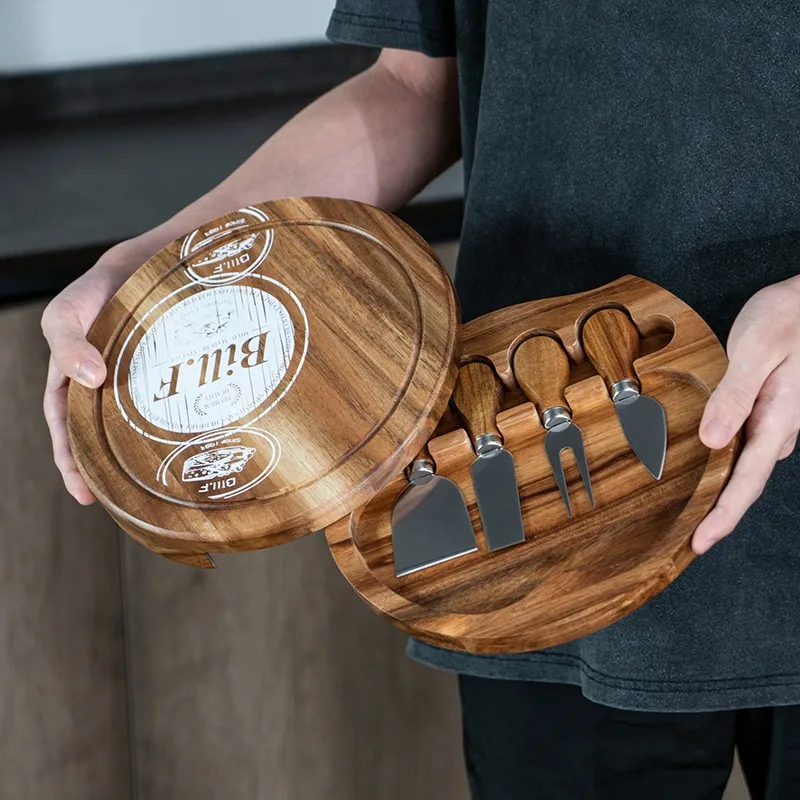 wholesale Premium charcuterie board set Acacia Wood Round Cheese Board Set With Drawer Cheese Knife Set