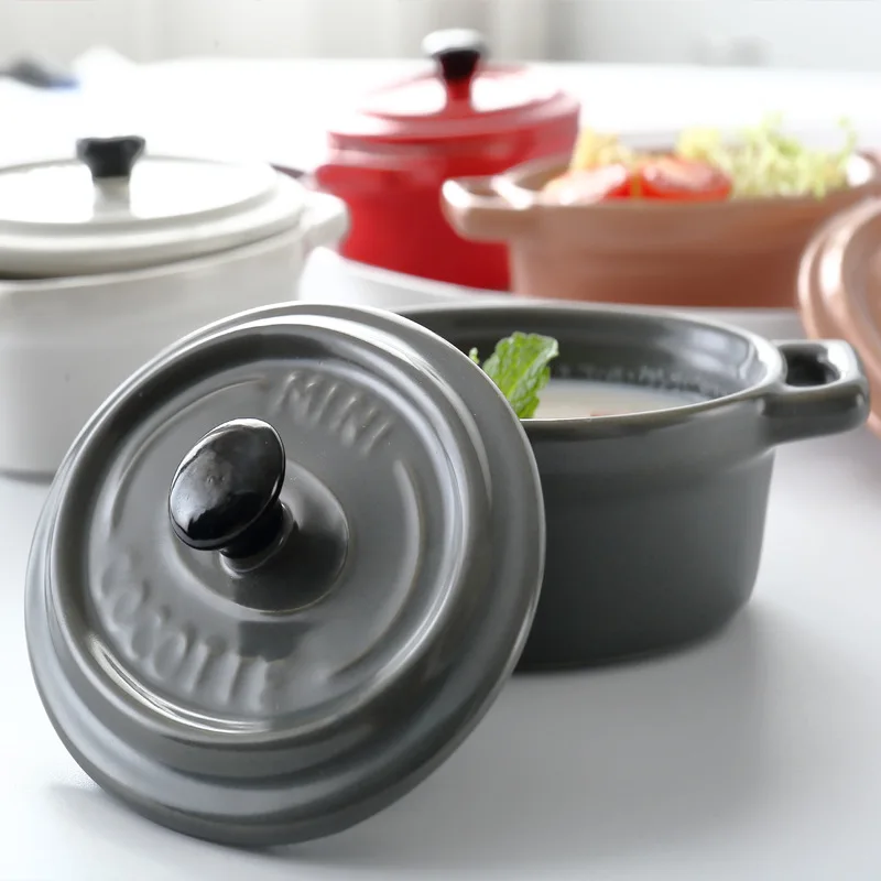 ZC Matte Japanese bowl stew cup with lid double ear Souffle roasting bowls for kitchen ceramic soup cup breakfast bowl ceramic