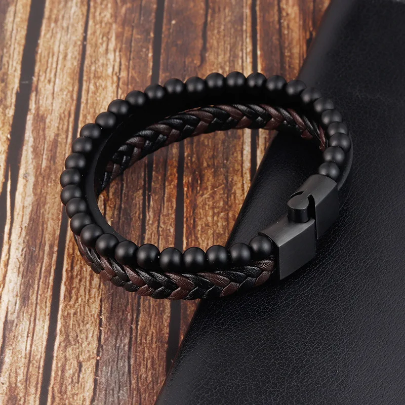 New Mens Bracelet Bead and Leather Braided Lava and Onyx Bead Leather Bracelet for Men