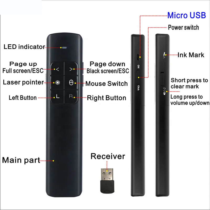 New Air mouse USB Rechargeable Wireless Powerpoint Laser Presenter Slide Changer