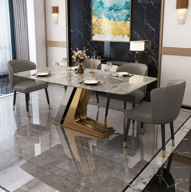 New household marble rectangular dining table and chair set