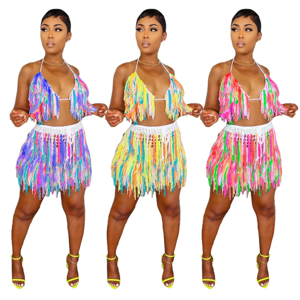 Ready to ship 2024 beachwear club wear fashion clothing tassel two piece mini skirt set