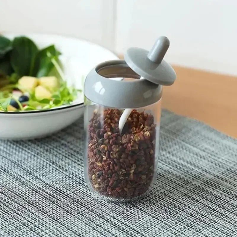 Wholesale Price Plastic Round Seasoning Container Condiment Jar with Lid and Spoon for Kitchen Countertop