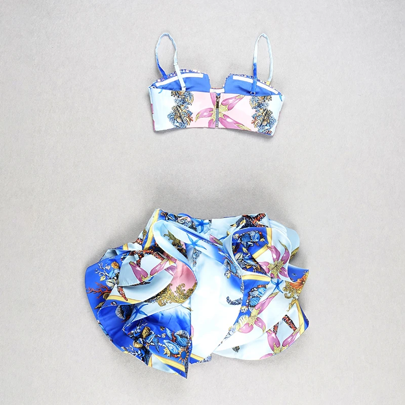 A6145  Fashion Design Printed Beaded Bra Tops And Ruffles Mini Skirt Ladies Two Pieces Party Suit