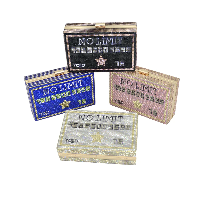 
Luxury Women Evening Bag Crystal Bridal Party Diamonds YOLO Credit Card Black Rhinestone Bling Clutch Purses No Limited Purse 