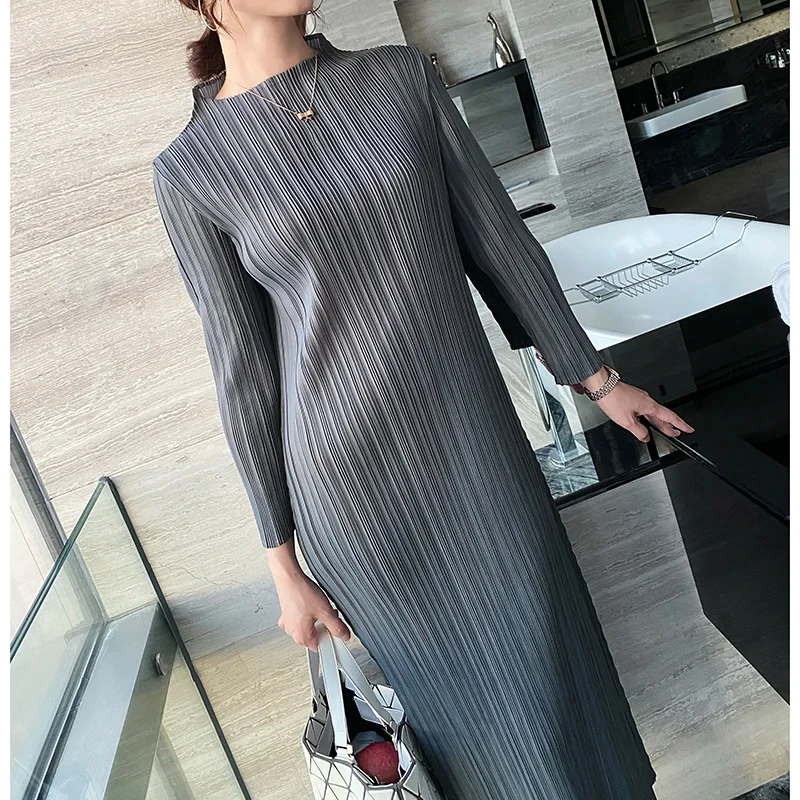Miyake Pleated fast delivery solid color long sleeve simple casual korean loose plus size dress women fabrics dress