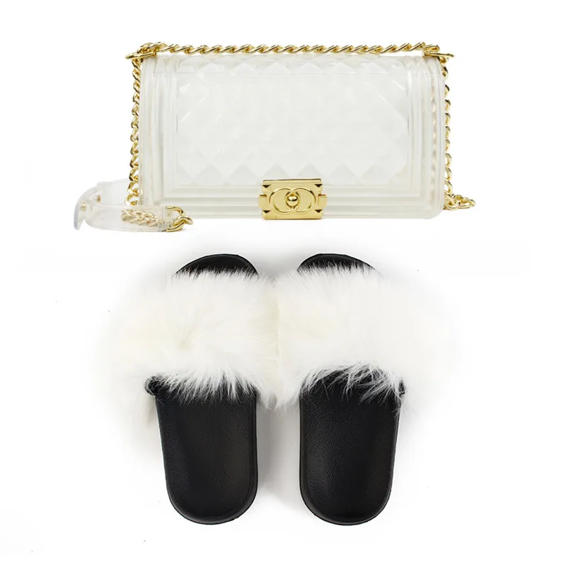 Wholesale Fashion Daily Wear Fur Flat Fancy Fluffy Furry Flip Shoe And Transparent Pvc White Jelly Bag And Shoes Set