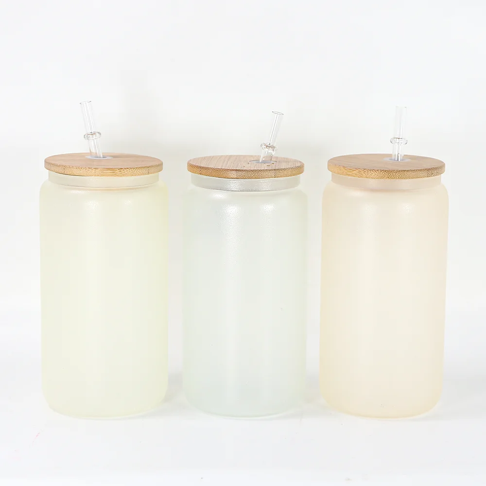 AGH New Arrival 16oz Frosted UV Color Changing Glow in the Dark Sublimation Glass Beer Can with Bamboo Lid