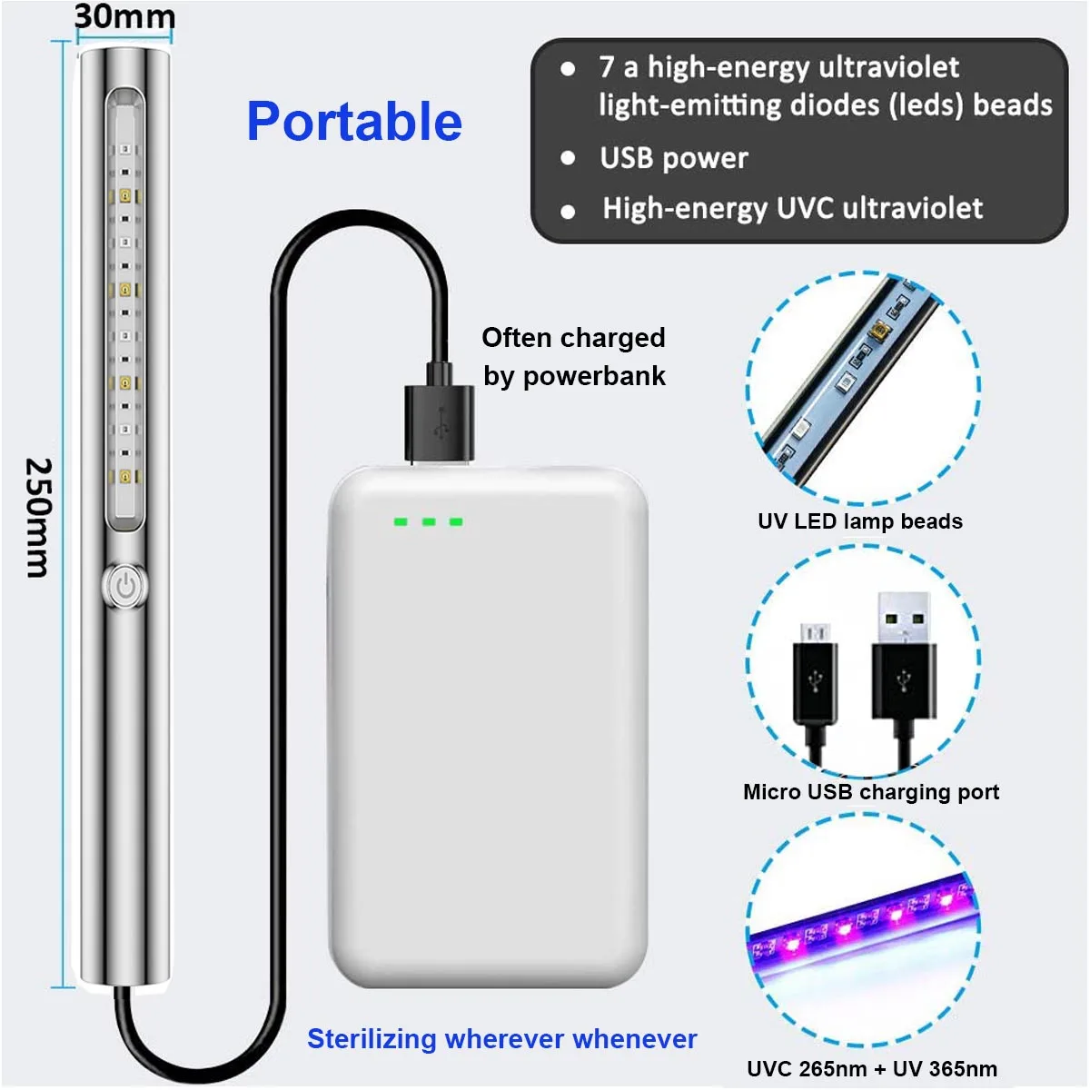 Household Sterilizing 265nm/365nm Portable LED Travel UV Light Wand Sterilizer UV-C Lamp Sterilization Stick