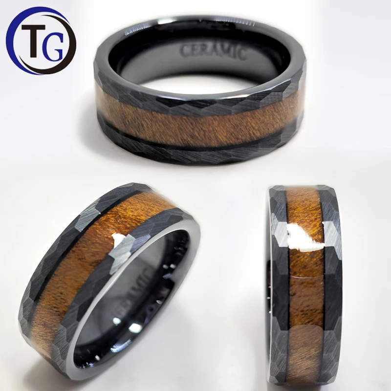 Wholesale New Design Inlay Wood Men Fashion Engagement Wedding Band Black Rings Jewelry Gift 8mm Hammered Tungsten Carbide Ring