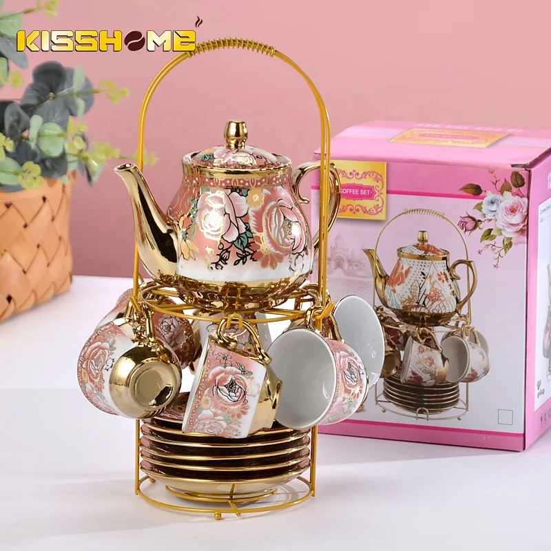 Coffee Tea Sets European Style Luxury Espresso Accessories Ceramic Cafe Cup Colorful Flower 100ML Gold Plated Tea Coffee Set
