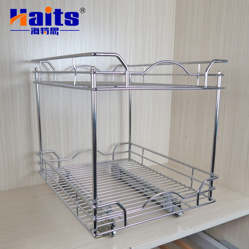 Bathroom Under Sink Chrome 2-Tier Wire Basket  Kitchen Rack Basket Pull Out Basket With Drawer Slide