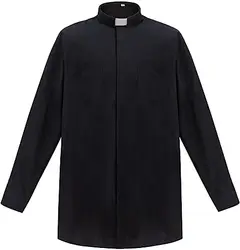 Clergy Tab-Collar Long Sleeves Mens Shirt for Priest Costume Removable White Tab with Button Closures